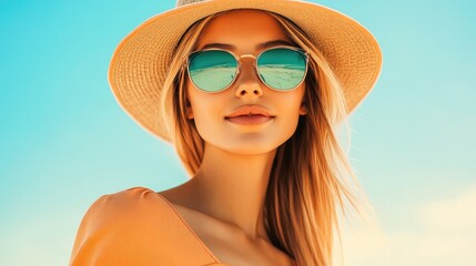Fototapeta premium fashionably dressed young woman walking on sunny beach with sunglasses and sun hat copy space