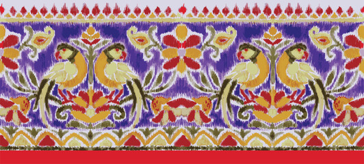 traditional ikat textile and embroidery design. colorful hand drawn birds print ikat border design. animal print kalamkari border art. design for saree ,fabric, wallpaper
