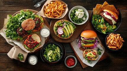 Vivid Spread of Gourmet Burgers, Fresh Salads, and Crispy Fries