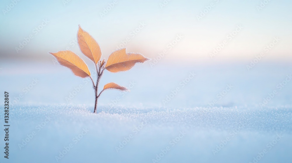Poster frosty maple sapling emerging from snow-covered ground with soft morning light highlighting tiny lea