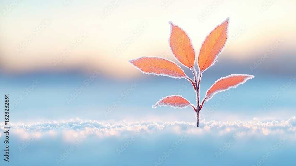 Aufkleber frosty maple sapling emerging from snow-covered ground with soft morning light highlighting tiny lea