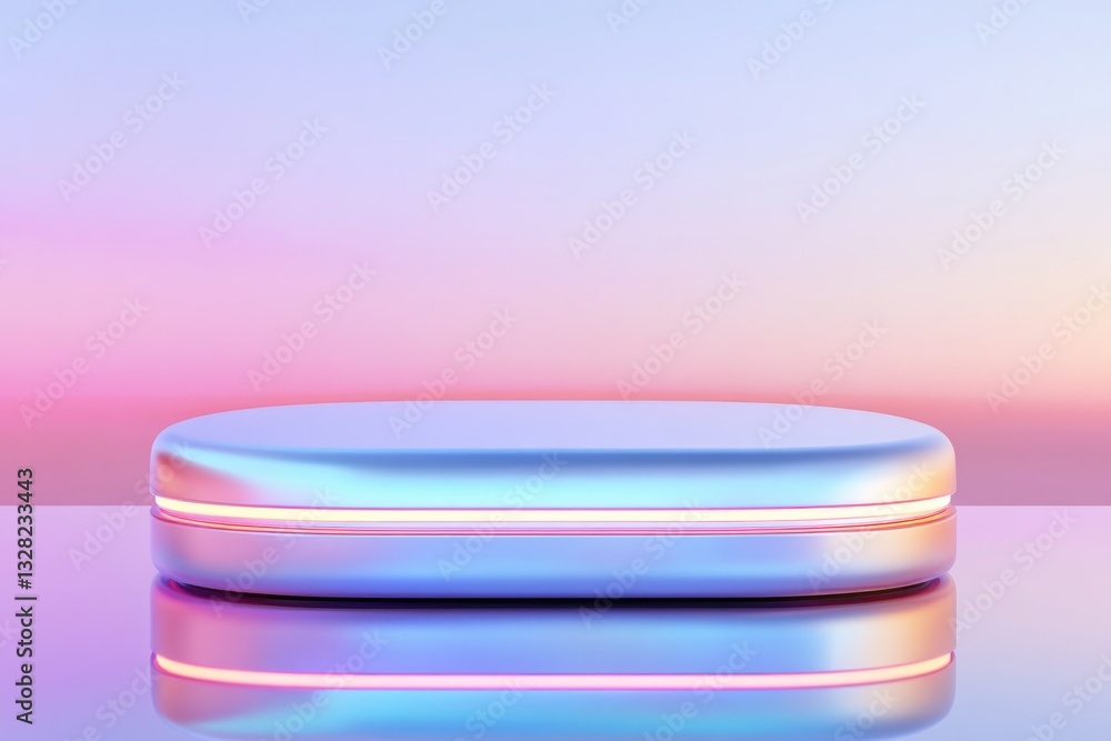 Poster glossy rounded podium with neon lighting and reflective surfaces displayed in futuristic environment
