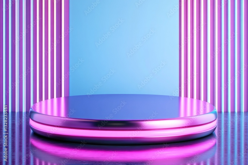 Poster glossy rounded podium with neon lighting and reflective surfaces displayed in futuristic environment