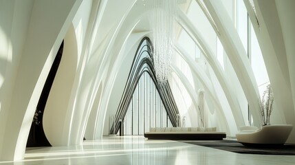 Fototapeta premium Modern lobby, curved walls, sunlight, waiting area, architectural design