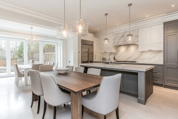 Modern kitchen, dining area, back garden view, luxury home interior, real estate listing