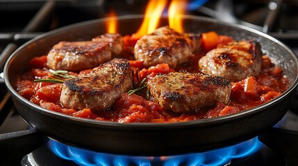 Sizzling pork medallions in tomato sauce.