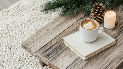 rustic wooden coffee table with mug, book, pinecone, and candle