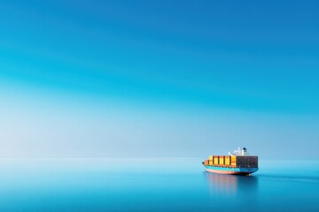 Fototapeta premium lone cargo ship on vast ocean under clear blue sky leaving horizon with generous copy space above
