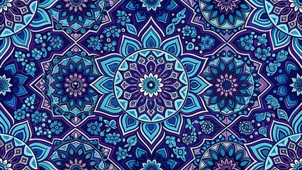 Oriental Geometric Silhouette Pattern: Blue & Purple Vintage Abstract Design