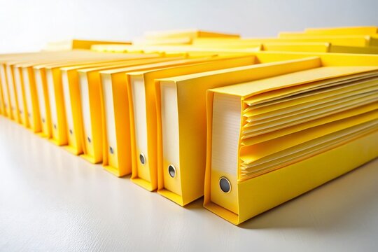 Organized Yellow Office Folders on White Background - Stock Photo