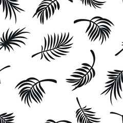 Seamless Tropical Palm Leaves Pattern. Black Silhouette Exotic Foliage On White. Vector Botanical Nature Illustration. Jungle Leaf Decorative Textile, Wallpaper, Fabric, Wrapping Paper Design