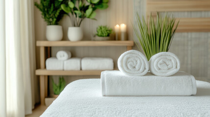 Relaxing spa setting with white towels and aromatic plants