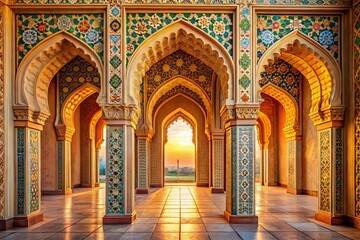 Obraz premium Ornate Islamic Architecture: Three Arched Doorways, Intricate Carvings, and Columns - Stock Photo