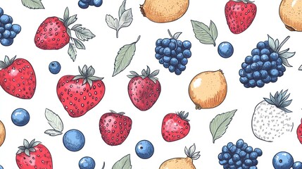 Colorful berry pattern, summer fruits, white background, food design