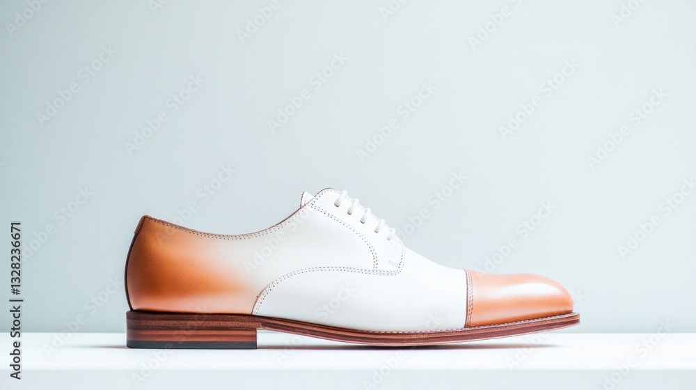Poster minimalist image of formal leather shoes displayed on plain white surface with soft lighting and amp