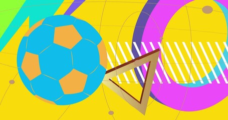 Football Ball with geometrical graphic retro sport theme background video. Minimal geometric elements animation. Vintage abstract shapes illustration for advertising. - Powered by Adobe