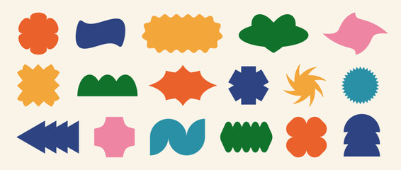 Abstract sticker shape set. Colorful retro pop art border element collection. Colorful geometric frame pack for badge, tag, label, banner, poster design, sign, icon. Swiss style patch bundle. Vector