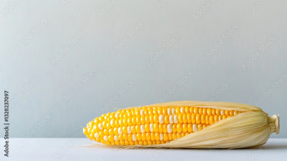 Aufkleber minimalist photo of single ear of corn with husks resting on plain white surface with soft lighting 