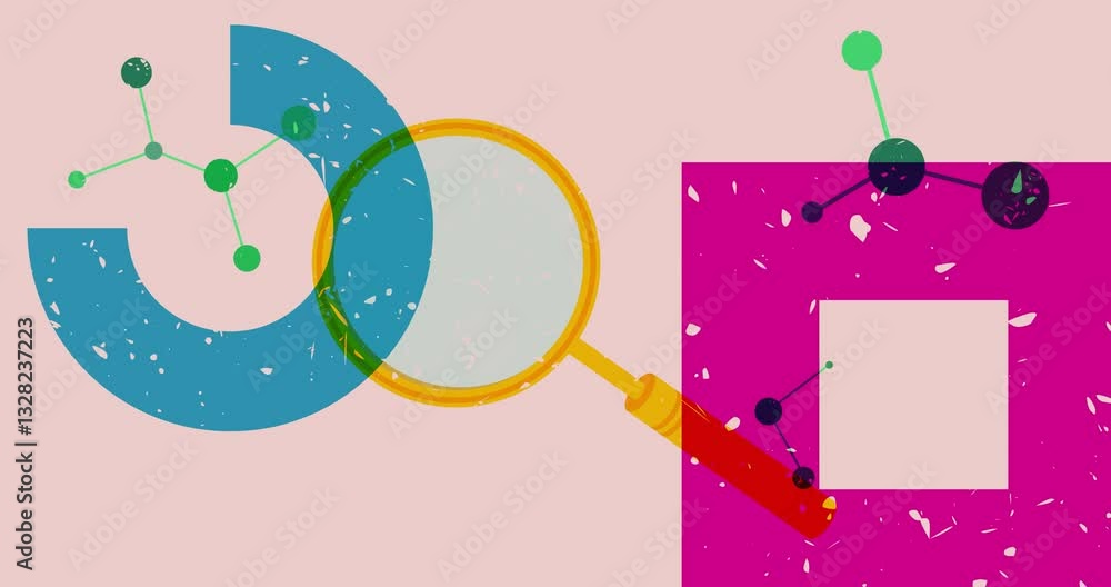 Aufkleber risograph magnifying glass with geometric shapes animation. moving object in trendy riso graph desig