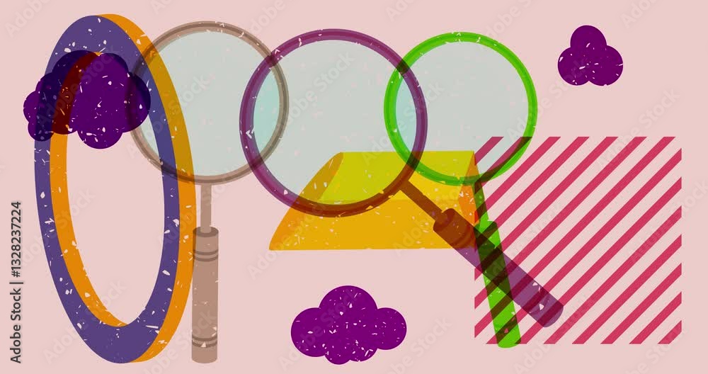 Poster risograph magnifying glass with geometric shapes animation. moving object in trendy riso graph desig