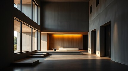 Fototapeta premium contemporary minimalist house, raw concrete walls, large windows define the open floor plan
