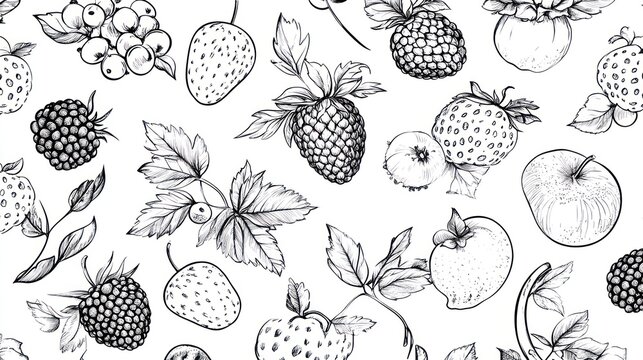 Sketch of berries and apples; seamless pattern; white background; food design