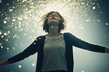 A woman stands with arms outstretched, immersed in golden confetti, under a spotlight, evoking a sense of joy and liberation.