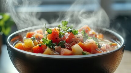 Close-up of steaming bowl of homemade soup with fresh ingredients, representing comfort food, healthy eating, the warmthnourishment that homemade meals provide