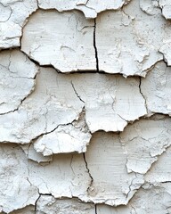 Fototapeta premium A close-up view of white paint peeling off an aged wall, revealing textured layers beneath. The paint curls and flakes, creating a striking contrast with the rough surface underneath.
