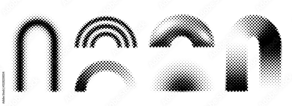 Poster Black halftone arch collection. Pixel gradient arc set. Dotted pop art curve element bundle for collage, graphic design template, banner, poster, flyer. Vector comic halftone bitmap warp pack