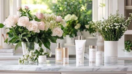 Fototapeta premium Elegant Display of Skincare Products with Fresh Floral Arrangements