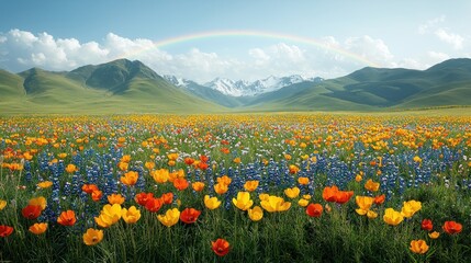 Fototapeta premium Vibrant wildflowers bloom in a valley, with a rainbow arching over snow-capped mountains.