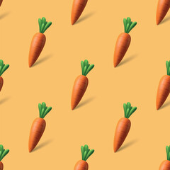 Vector Carrot Seamless Pattern. Fresh Orange Carrots with Green Leaves on Yellow Background. Healthy Vegetable Background. Repeating Carrot Pattern for Wrapping Paper, Textile, Wallpaper