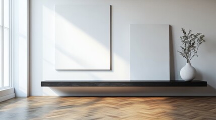 Fototapeta premium Minimalist Interior Design Featuring Blank Canvases and Wooden Shelf