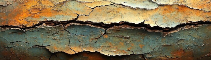 Obraz premium A close-up view of a weathered, rusted wall, showcasing intricate textures and patterns. The surface features several deep cracks, revealing layers of peeling paint and corrosion.