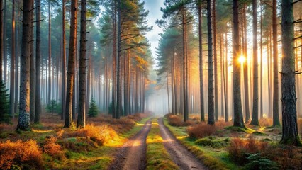 Fototapeta premium Panoramic Autumn Pine Forest Path, Foggy Evening Landscape