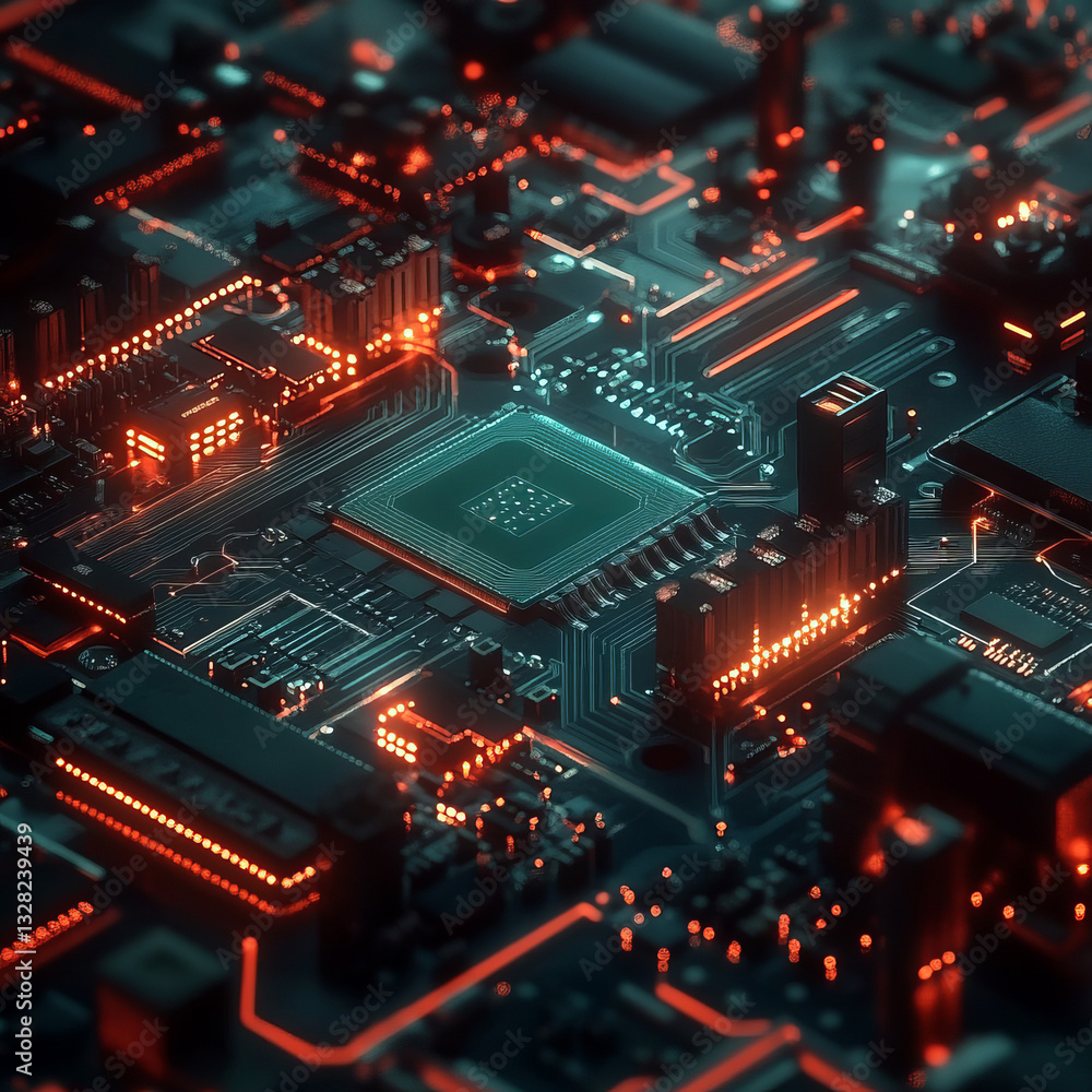 Poster close-up of circuit board with teal processor and illuminated orange pathways