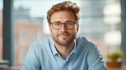 Smiling man in glasses sitting in a bright office space, exuding confidence and approachability.