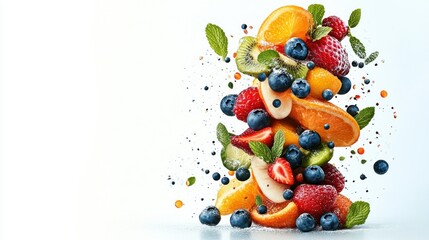 Obraz premium Colorful Stack of Fresh Fruits with Sprigs of Mint and Bubbles on White Background