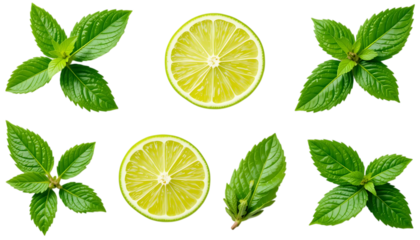 set of Fresh lime and mint leaves isolated on png