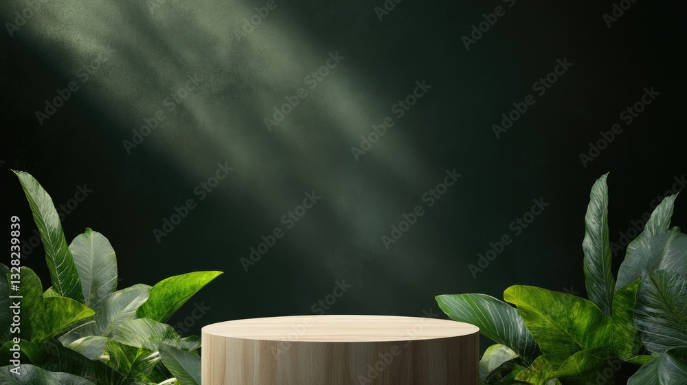 Poster rounded podium crafted with wood textures and surrounded by greenery illuminated with natural light 