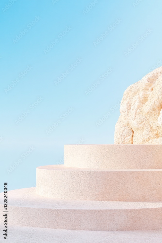 Poster sandy podium with shell-like textures softly illuminated under natural light with smooth curves and 