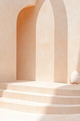 Fototapeta premium sandy podium with shell-like textures softly illuminated under natural light with smooth curves and wide copy space