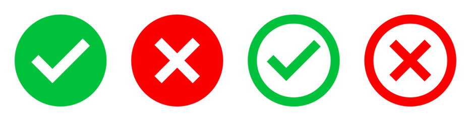 Obraz premium Set of green check marks and red cross icons in filled and outline styles, symbolizing correct and incorrect choices. Ideal for UI, web, apps, presentations, and decision-making visuals. Icons, vector