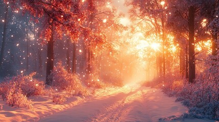 Naklejka premium Magical snowy forest path at sunrise.