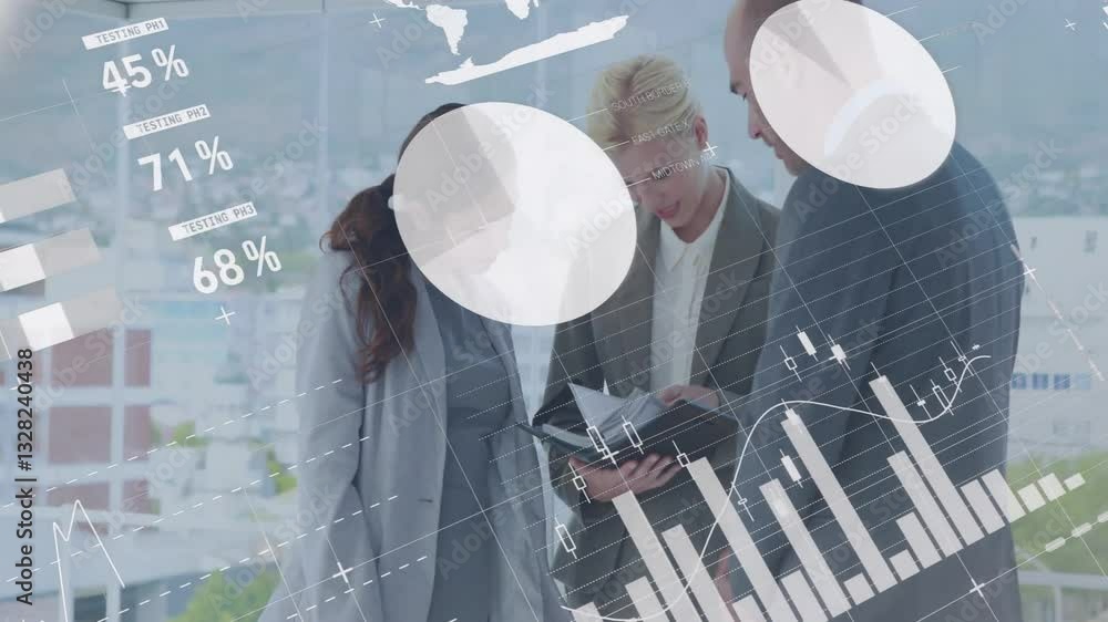 Poster analyzing data, business professionals with animation of graphs and charts in office