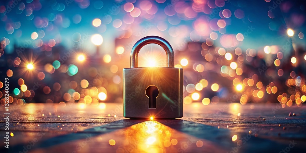 Poster panoramic change your password day: glowing padlock & key for secure privacy