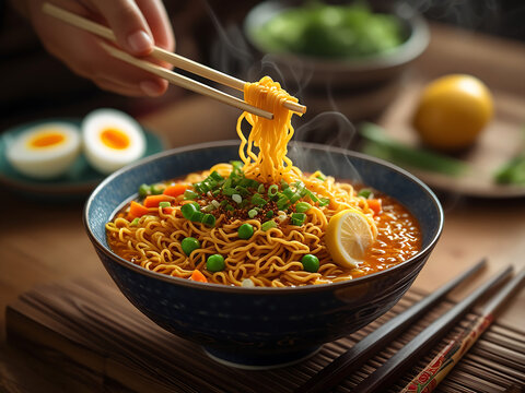 Delicious Steaming Bowl of Maggi Noodles with Fresh Vegetables and Egg.