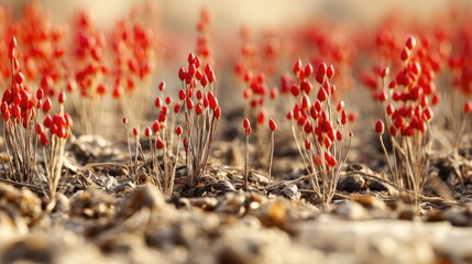 Vibrant Red Plant Stems Emerging from Earth in Natural Habitat