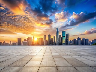 Obraz premium Panoramic City Skyline View from Empty Square Floor - Stunning Urban Landscape Stock Photo